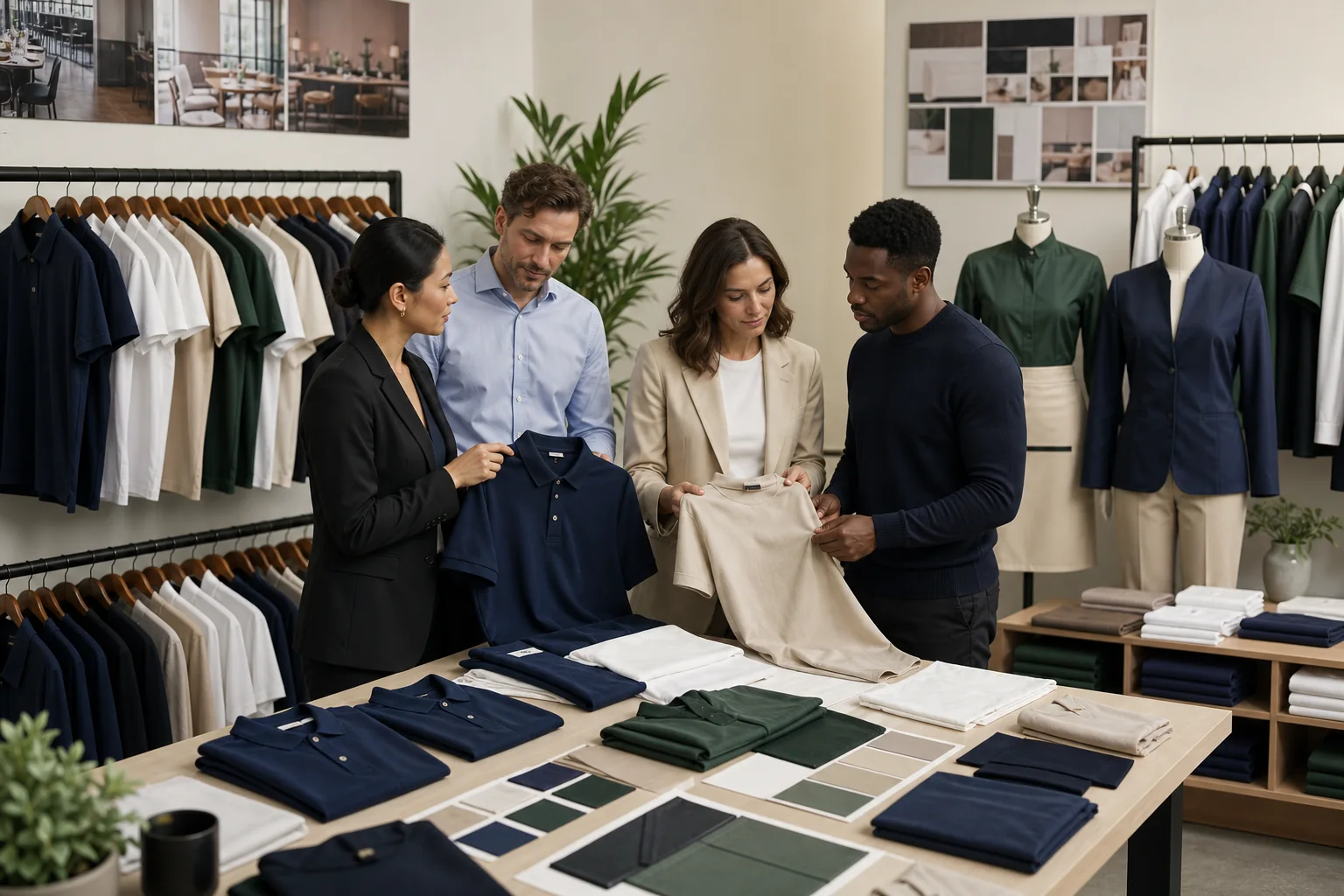 Corporate Gift Apparel Supplier buyers reviewing T-shirt styles, colors and decoration