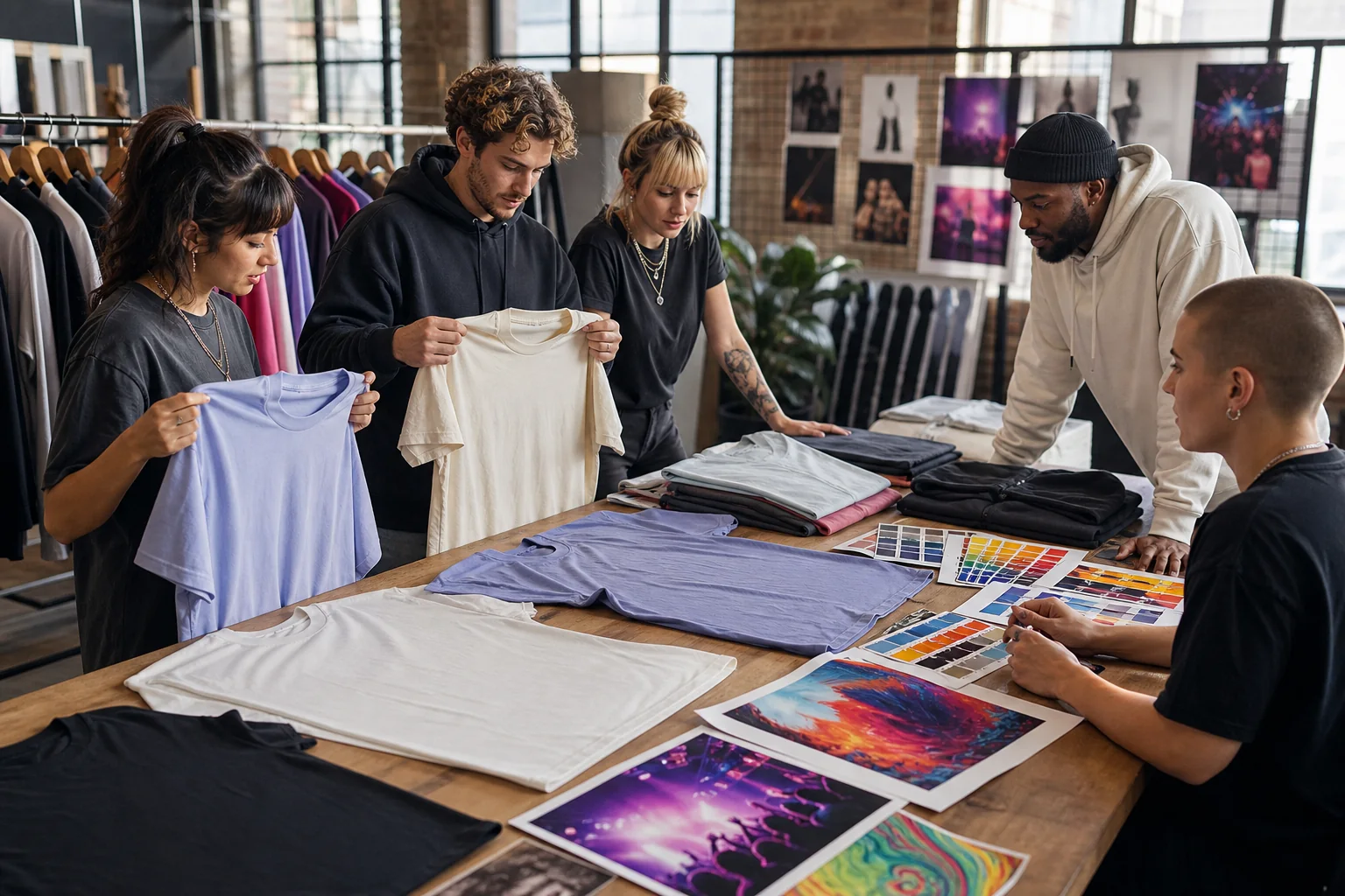 Creator Merchandise T-Shirt Factory buyers reviewing T-shirt styles, colors and decoration