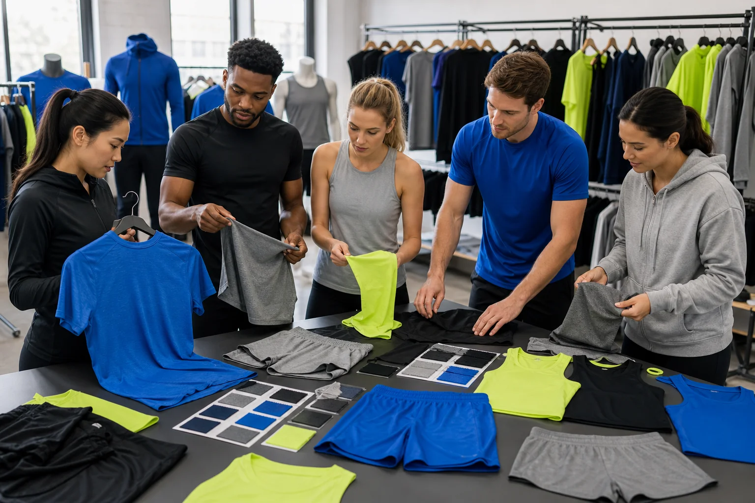 Sports Team Apparel Manufacturer buyers reviewing T-shirt styles, colors and decoration