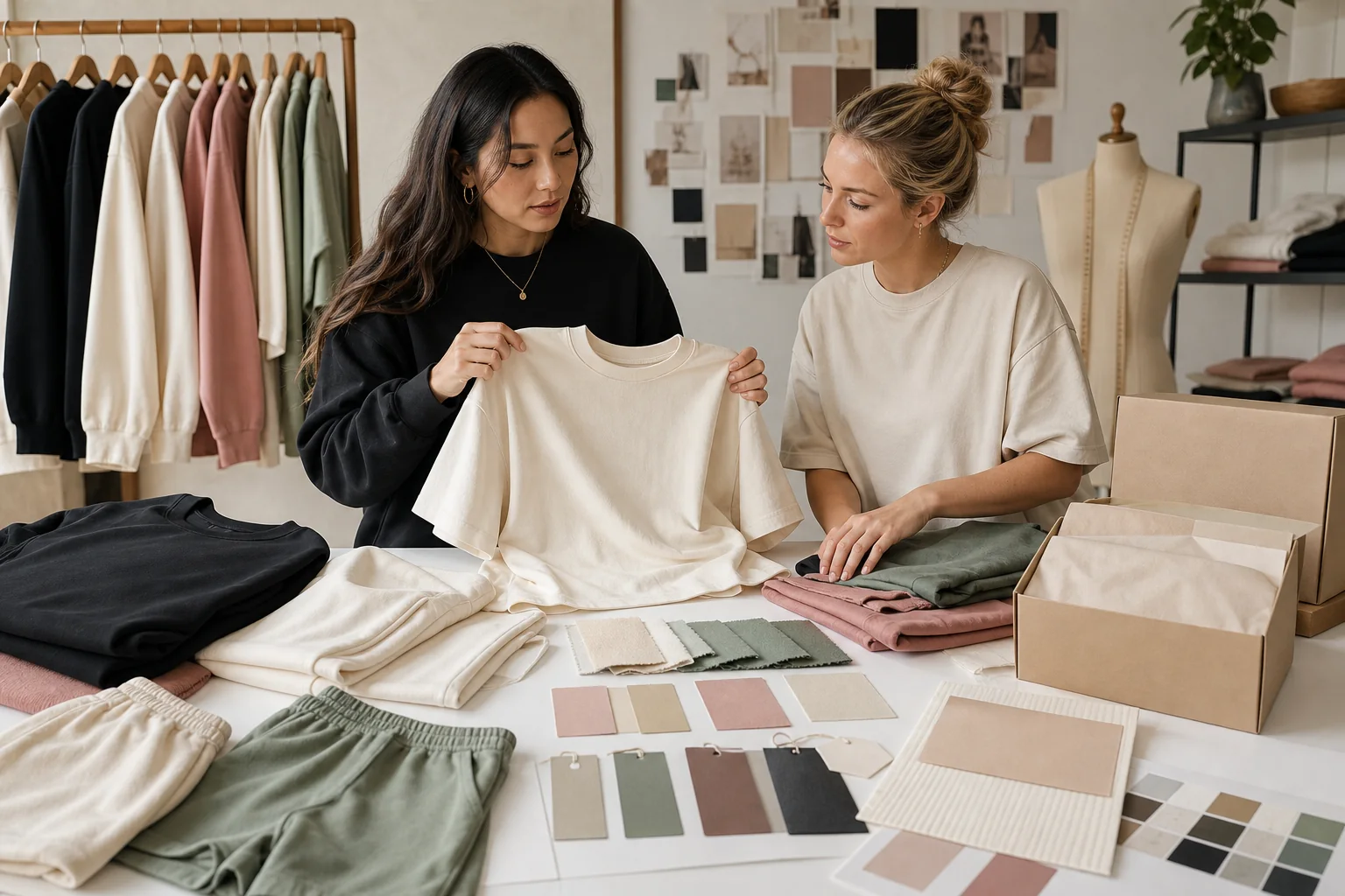Startup Private Label Clothing Factory buyers reviewing T-shirt styles, colors and decoration