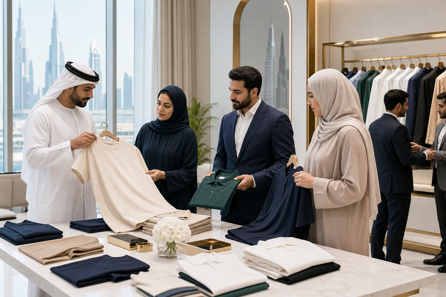Custom Apparel Manufacturer in UAE buyers reviewing locally relevant T-shirt fits and colors
