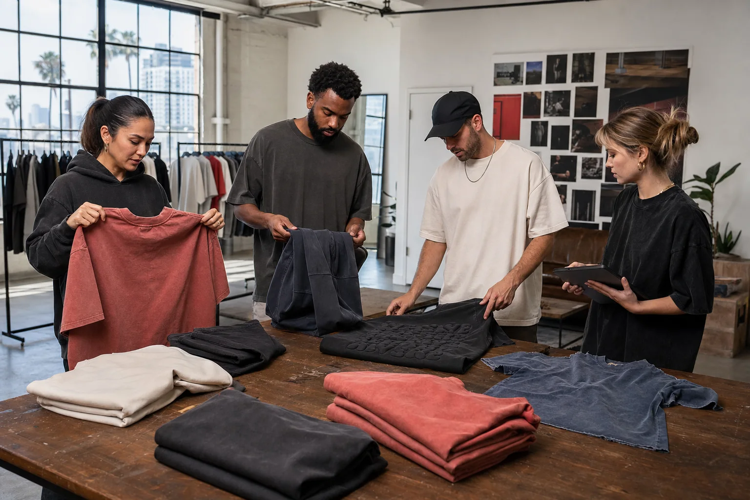 Custom Clothing Manufacturer in Canada buyers reviewing locally relevant T-shirt fits and colors