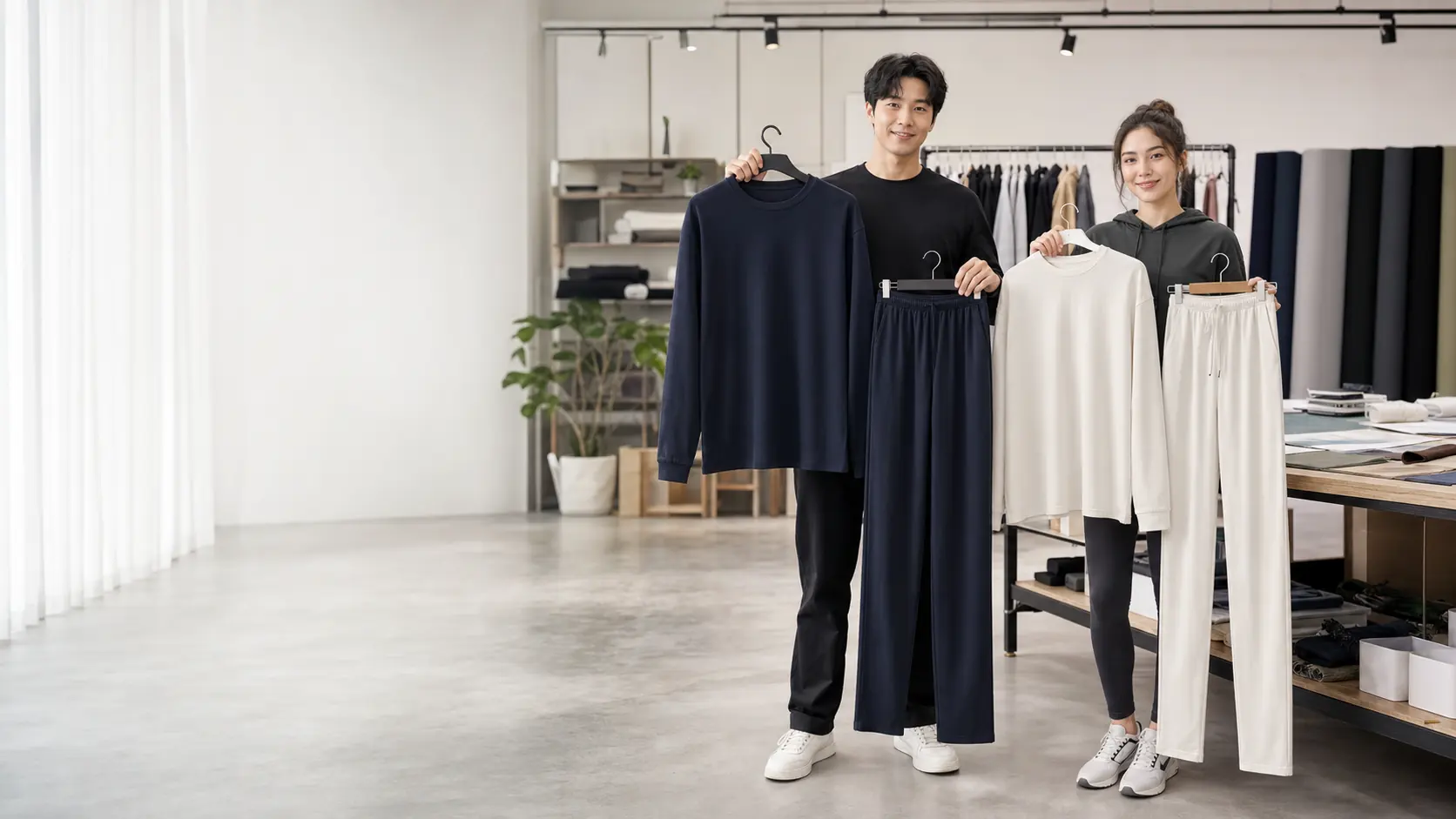 Young apparel team presenting long sleeve shirts and pants
